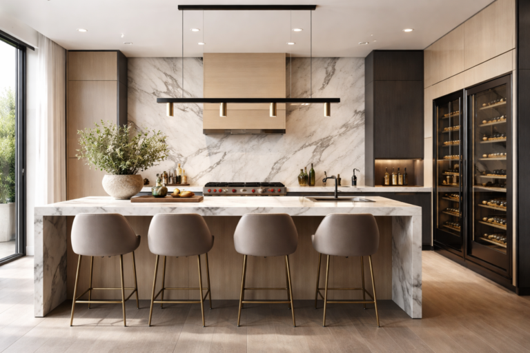 Modern high-end kitchen with marble waterfall island, sleek wood cabinetry, brass bar stools, built-in wine fridge, and luxury appliances