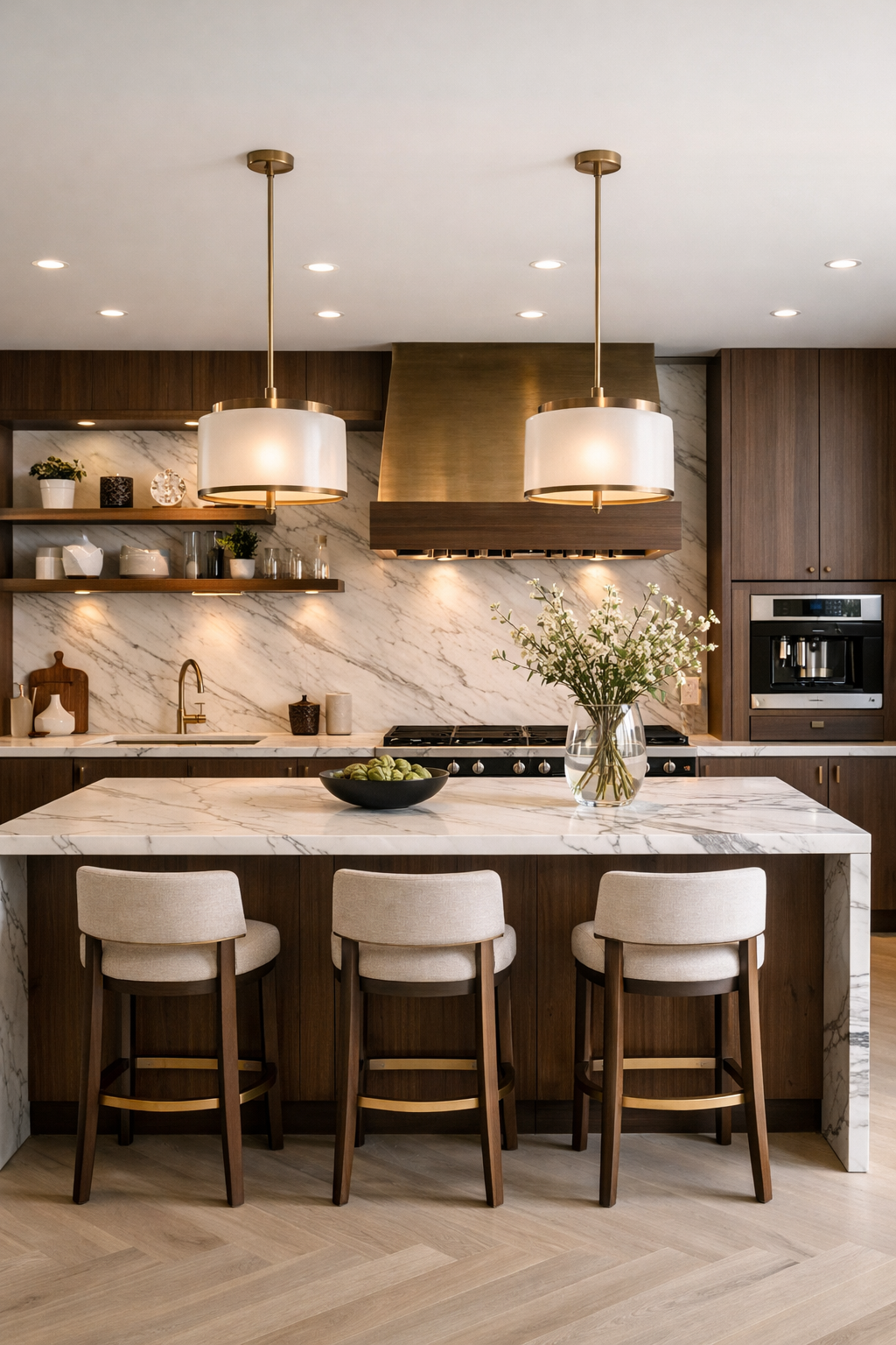 Luxury modern kitchen featuring a marble island, sleek cabinetry, and brass accents