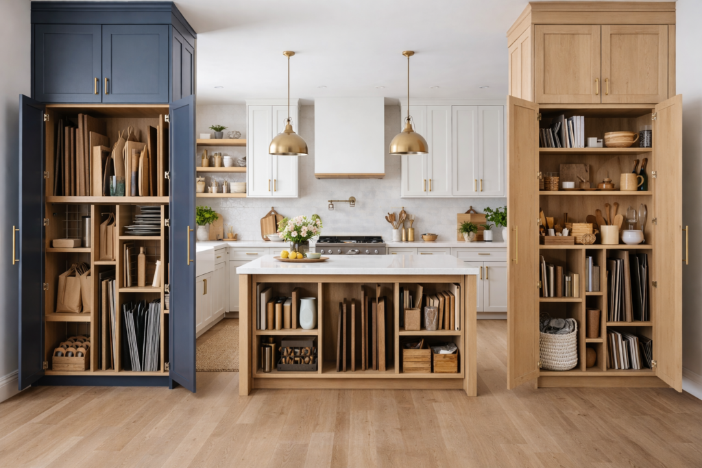 Modern kitchen interior featuring tall vertical storage cabinets and shelves for efficient space utilization.
