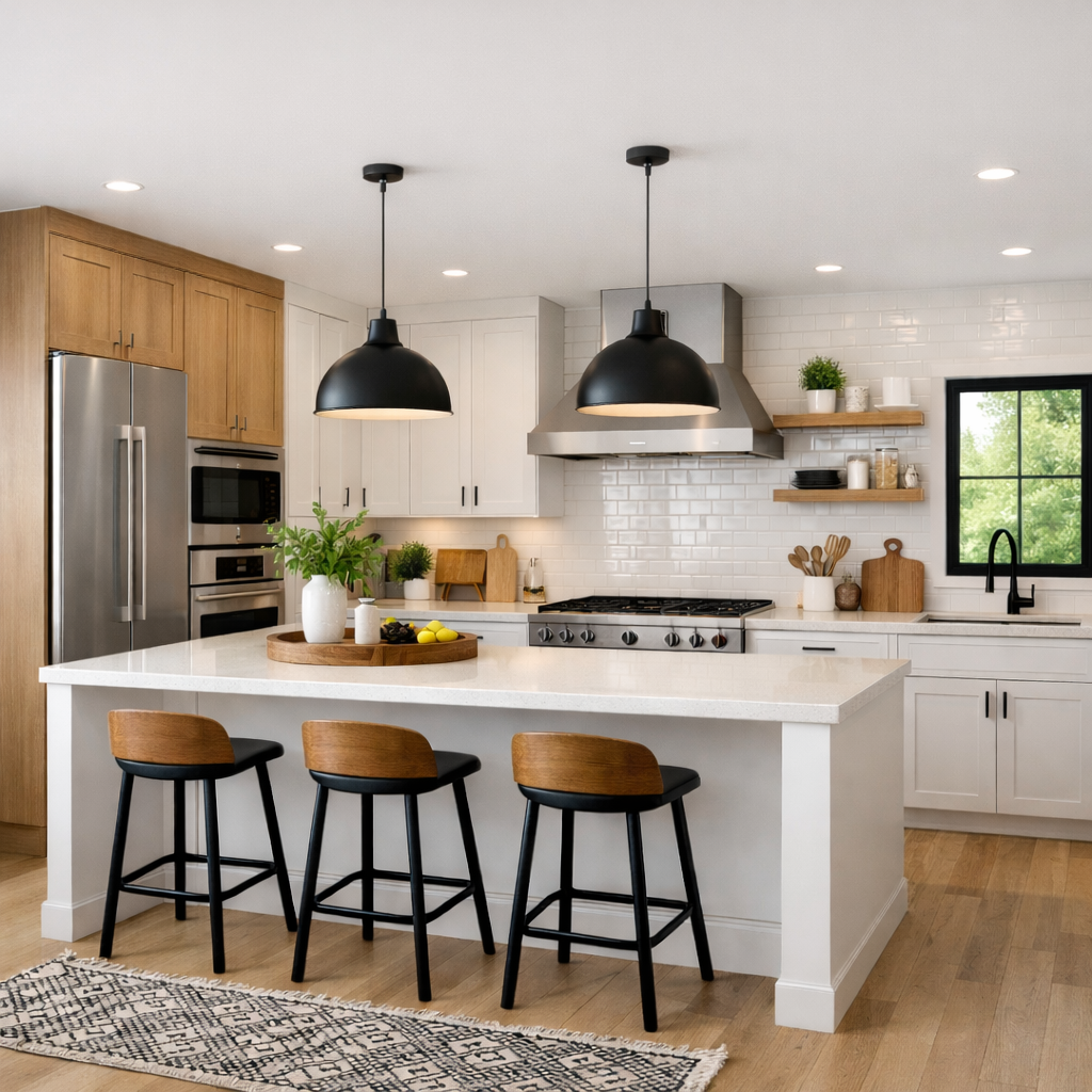 Modern kitchen with white island, light wood and white cabinets, black pendant lights, stainless steel appliances, and large window with greenery outside