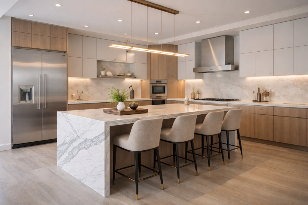 Luxury modern kitchen with a marble waterfall island, sleek cabinetry, integrated appliances, and elegant pendant lighting.