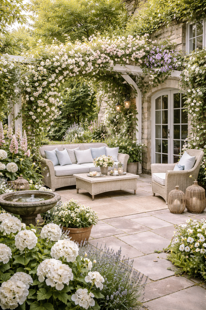 Light-colored garden with white pergola, climbing roses, pastel flowers, and wicker seating area.