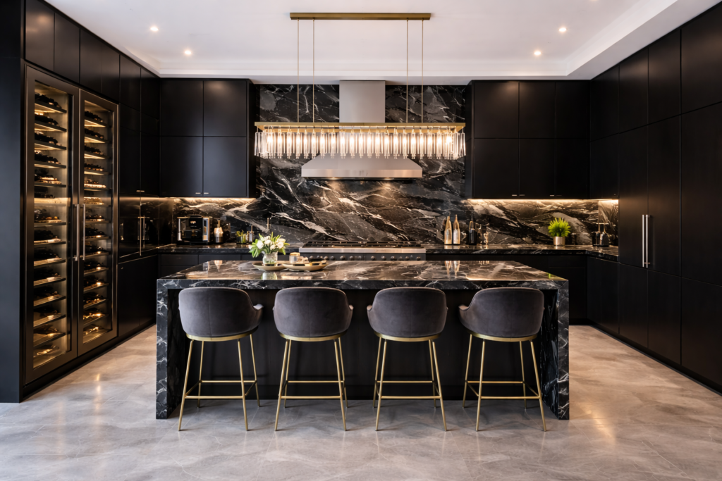 High-end modern kitchen with all-black cabinetry, black marble island, velvet barstools, and luxury appliances