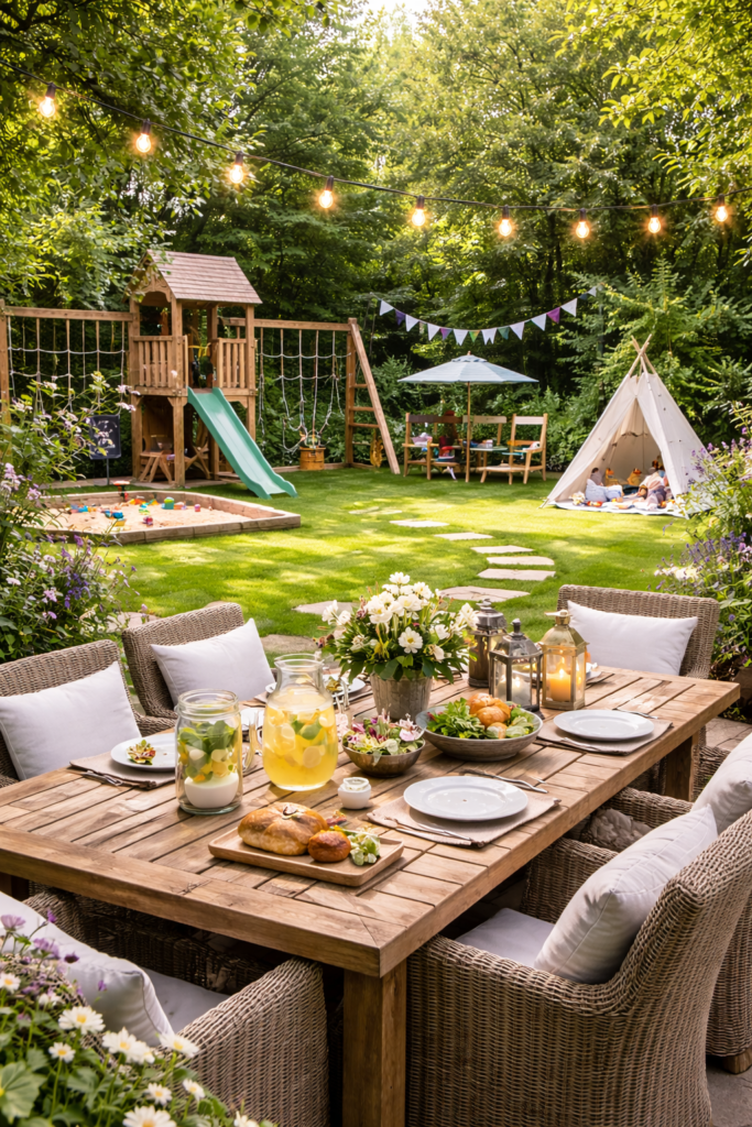 Backyard garden with outdoor dining table, string lights, and children’s play area featuring slide, sandbox, and teepee tent.