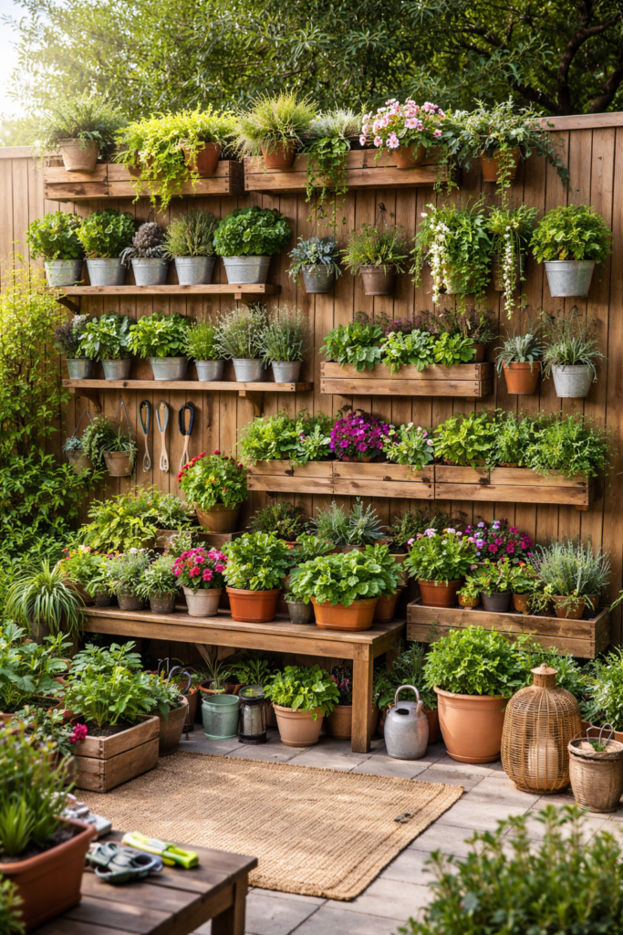 Vertical garden decor idea with wooden shelves, potted plants, herbs, and flowers arranged on a backyard fence.