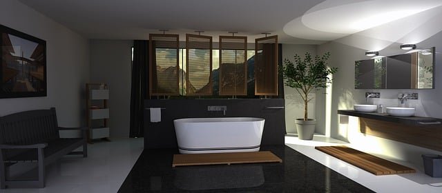 "Modern bathroom with neutral tones, decorative shelving, and stylish accents