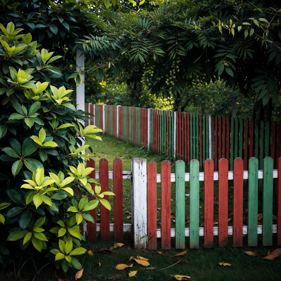 A peaceful garden with painted fence surrounded by greenery and flowers.