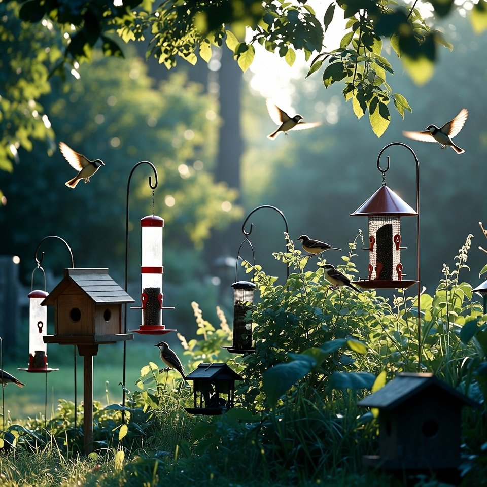 A charming garden with bird feeders and wooden bird houses nestled among greenery and flowers