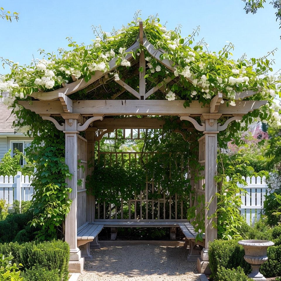 Beautiful garden decorative ideas with layered outdoor lighting, stone pathway, lanterns, string lights, waterfall feature, and cozy fire pit seating area