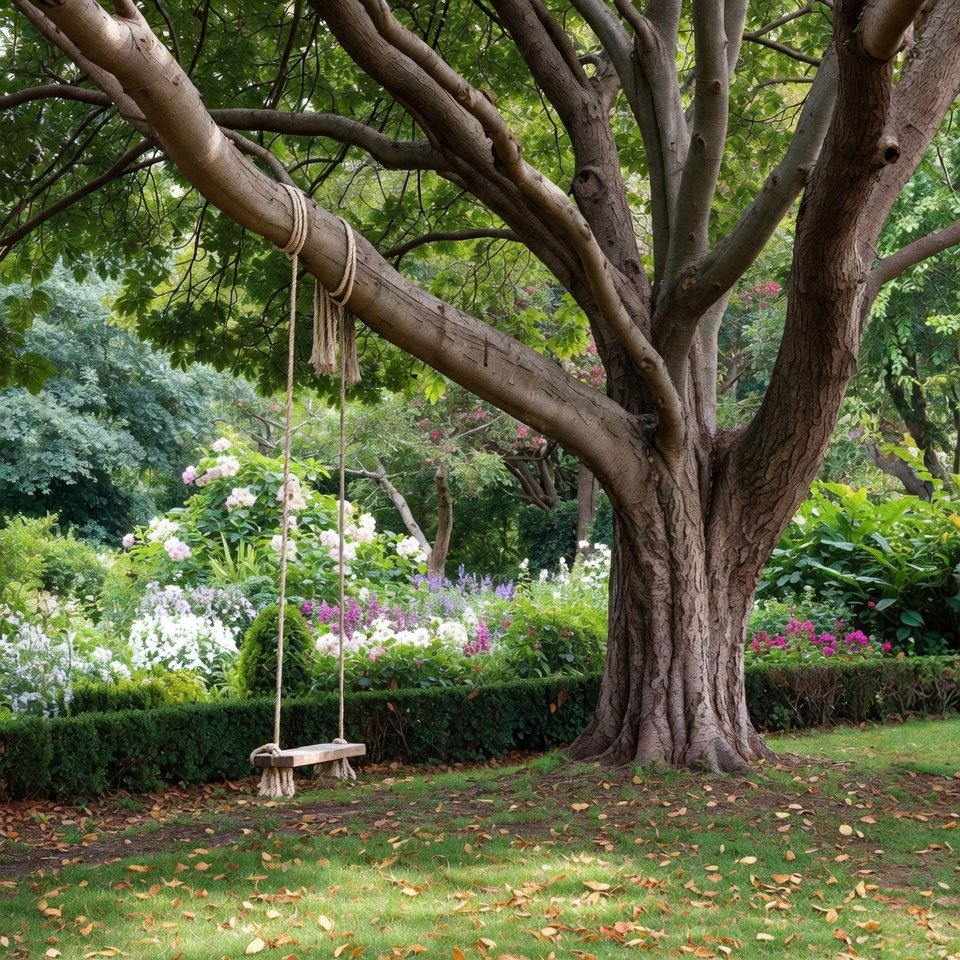 A peaceful garden with a wooden tree swing hanging from a sturdy branch surrounded by greenery and flowers.
