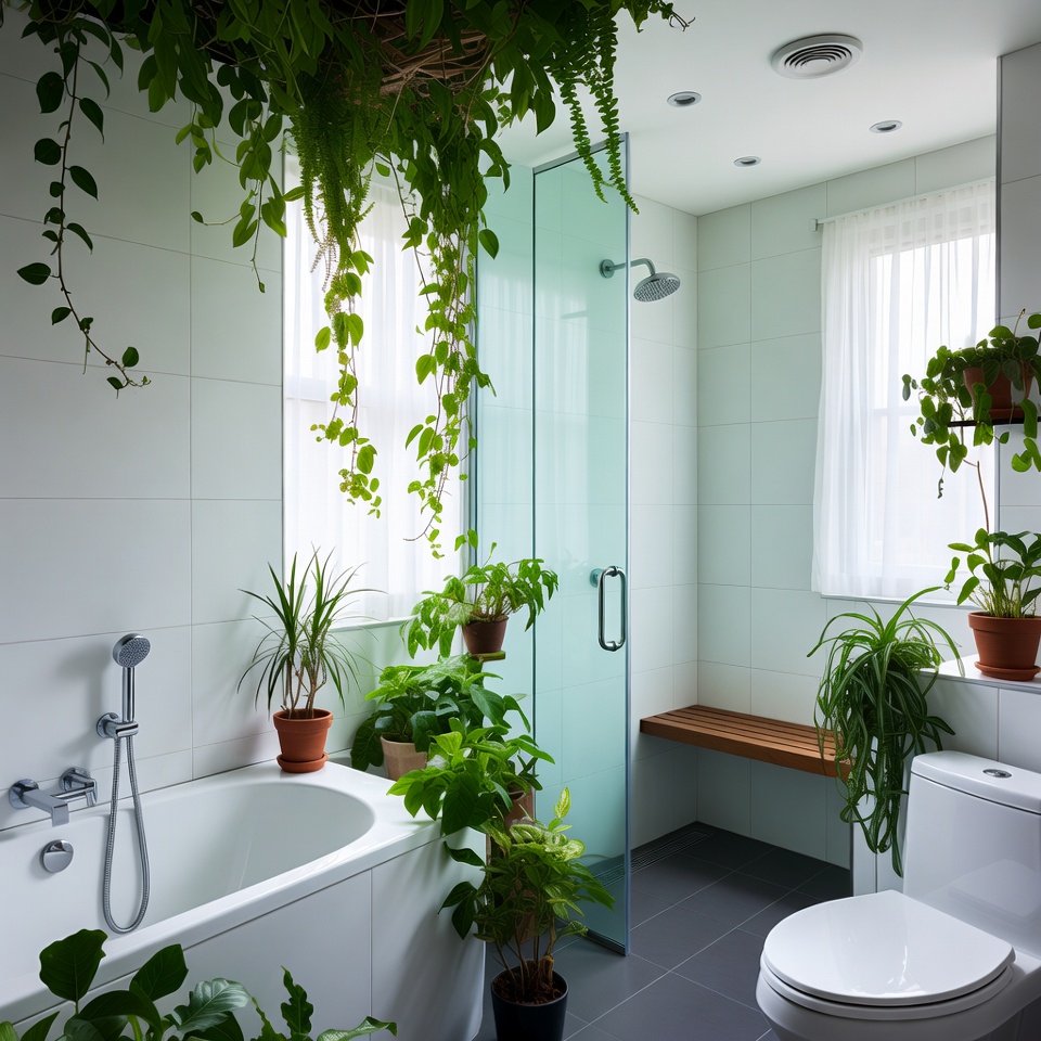 Modern bathroom design idea with floating vanity, round LED mirror, walk-in shower, and light neutral tiles.