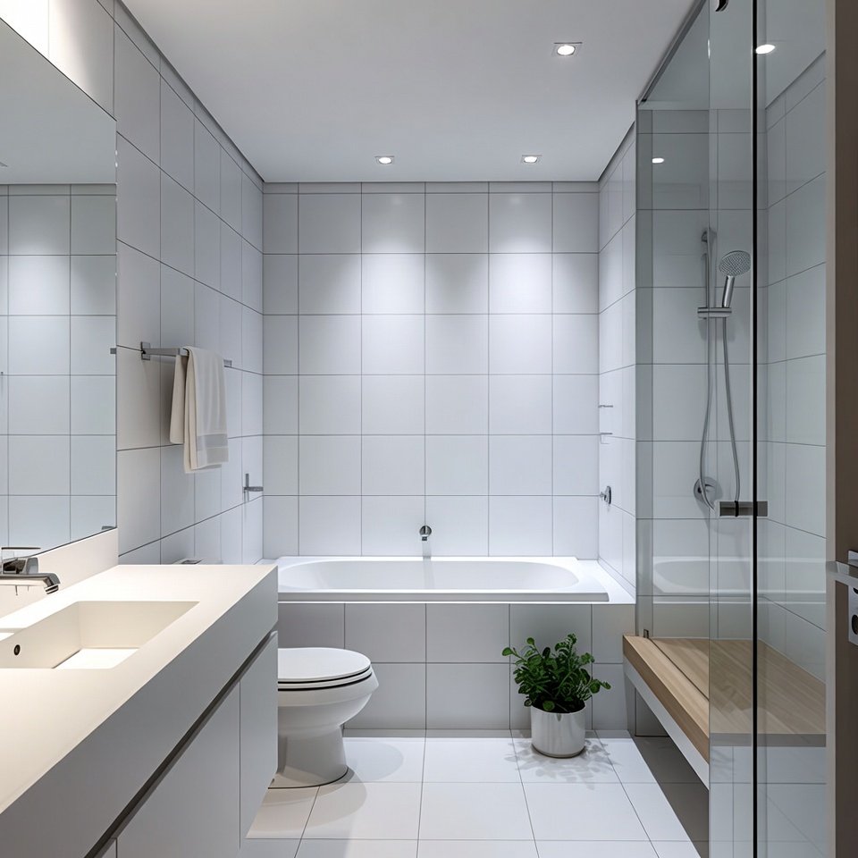 Modern bathroom design idea with wall-mounted vanity, frameless glass shower, large mirror, and neutral tile finishes.
