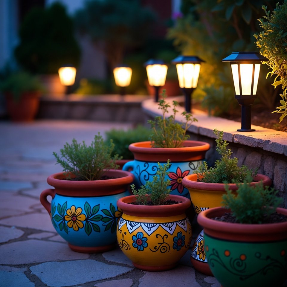 A vibrant garden decorated with colorful painted pots filled with flowers and greenery.