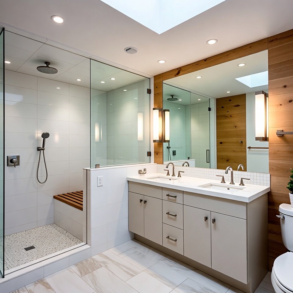 Luxury bathroom remodel idea featuring a freestanding soaking tub, floor-to-ceiling marble tiles, recessed lighting, and modern chrome fixtures.