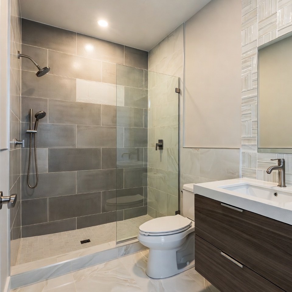   
"Bathroom remodel featuring modern shower, updated vanity, and stylish tile design