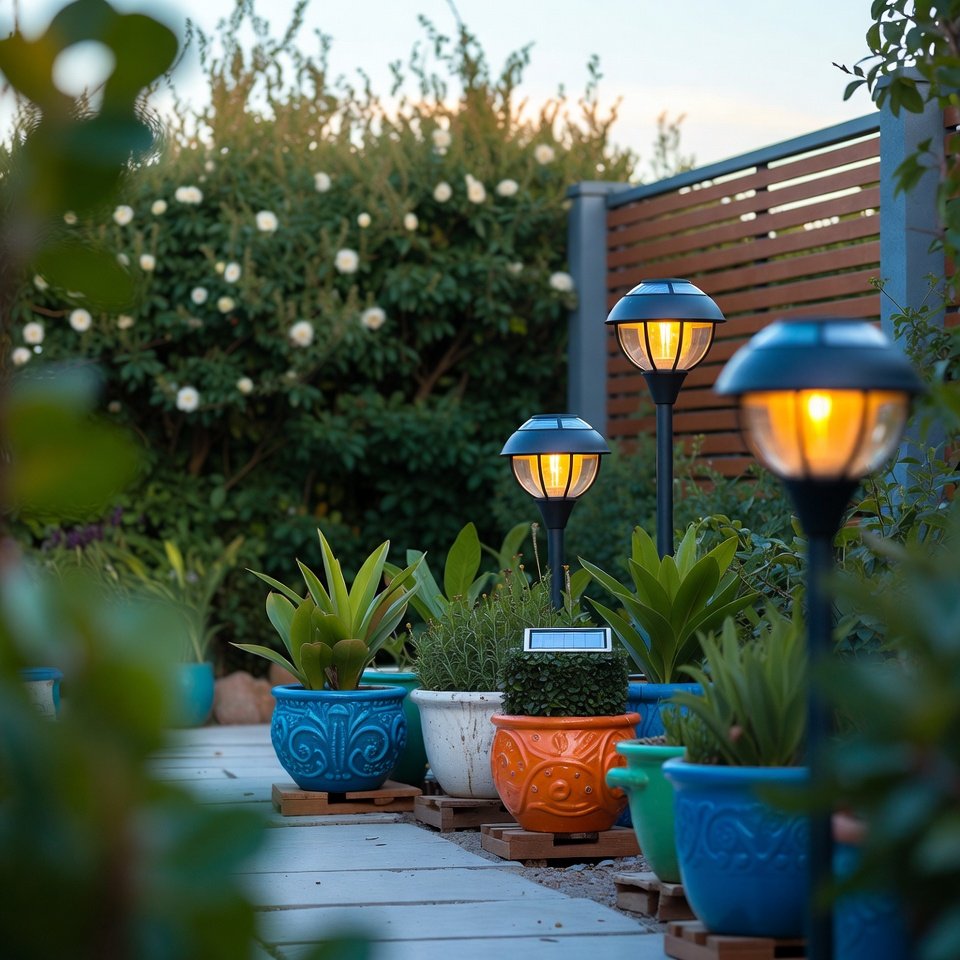 A stylish garden featuring modern décor elements such as sleek furniture, minimalist planters, and ambient lighting.