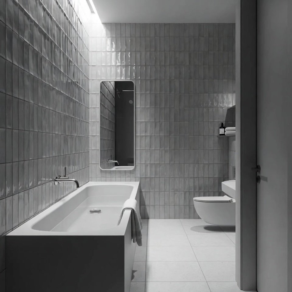 Modern bathroom design idea with freestanding bathtub, floating vanity, large mirror, and minimalist neutral décor.