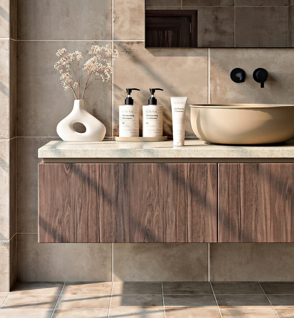 Minimalist bathroom decorations with freestanding bathtub, wooden accents, soft lighting, and natural decor elements for a serene spa-inspired look.