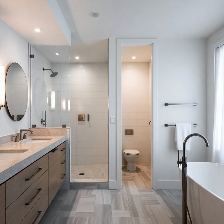 Modern bathroom remodel idea featuring a frameless glass walk-in shower, floating wood vanity with double sinks, matte black fixtures, and large-format neutral wall tiles.