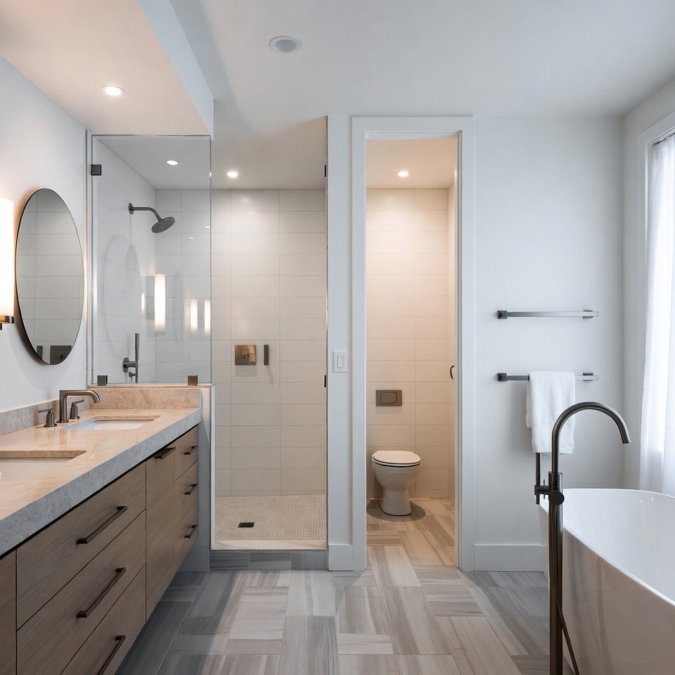 Modern bathroom remodel idea featuring a frameless glass walk-in shower, floating wood vanity with double sinks, matte black fixtures, and large-format neutral wall tiles.