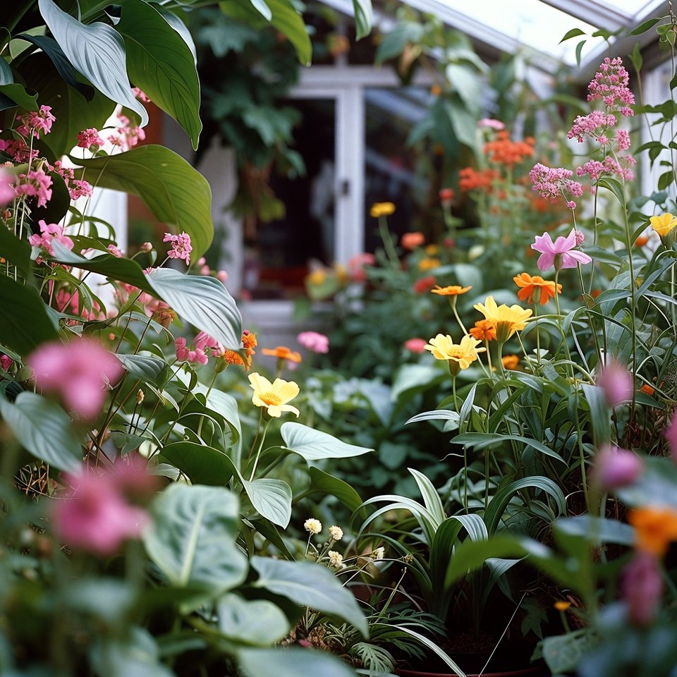 A cozy indoor garden with wildflowers and fresh green plants arranged throughout the house.