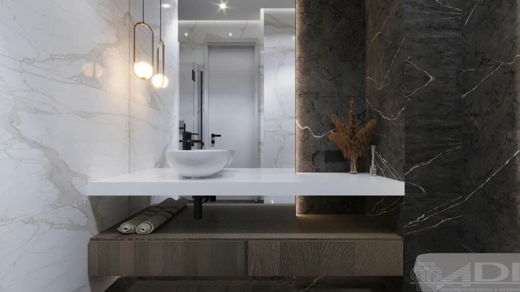 Minimalist bathroom decorations with floating vanity, round mirror, soft lighting, and neutral tones for a clean and modern look.