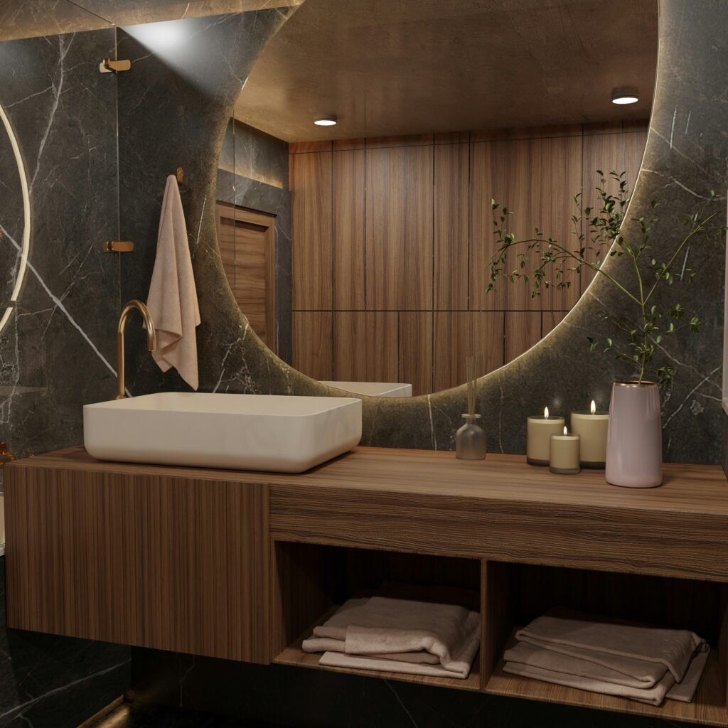 Modern bathroom decorations featuring a sleek vanity, round mirror, indoor plants, and neutral wall decor for a stylish and cozy space.