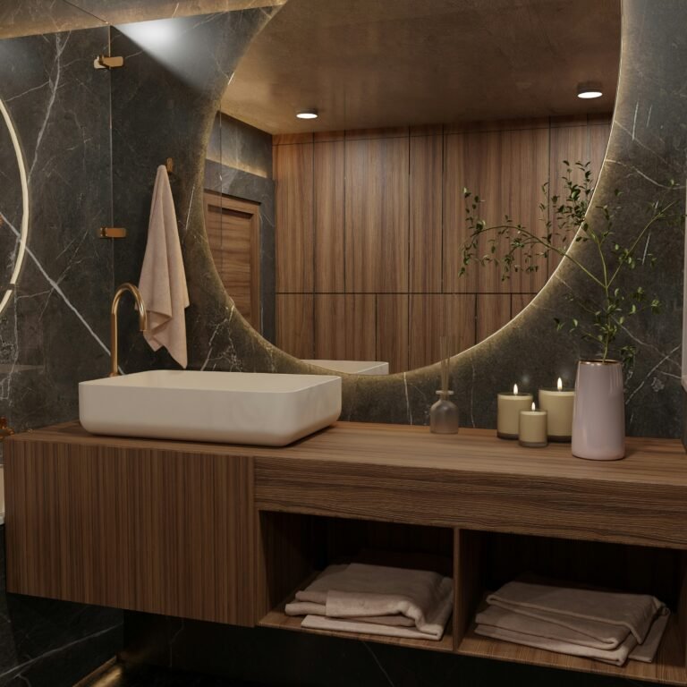 Modern bathroom decorations featuring a sleek vanity, round mirror, indoor plants, and neutral wall decor for a stylish and cozy space.