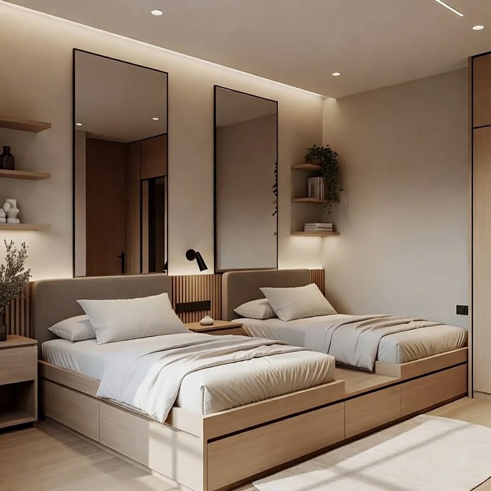 Modern bedroom decorating idea with wall mirror, stylish decor, and a storage bed for smart space organization.