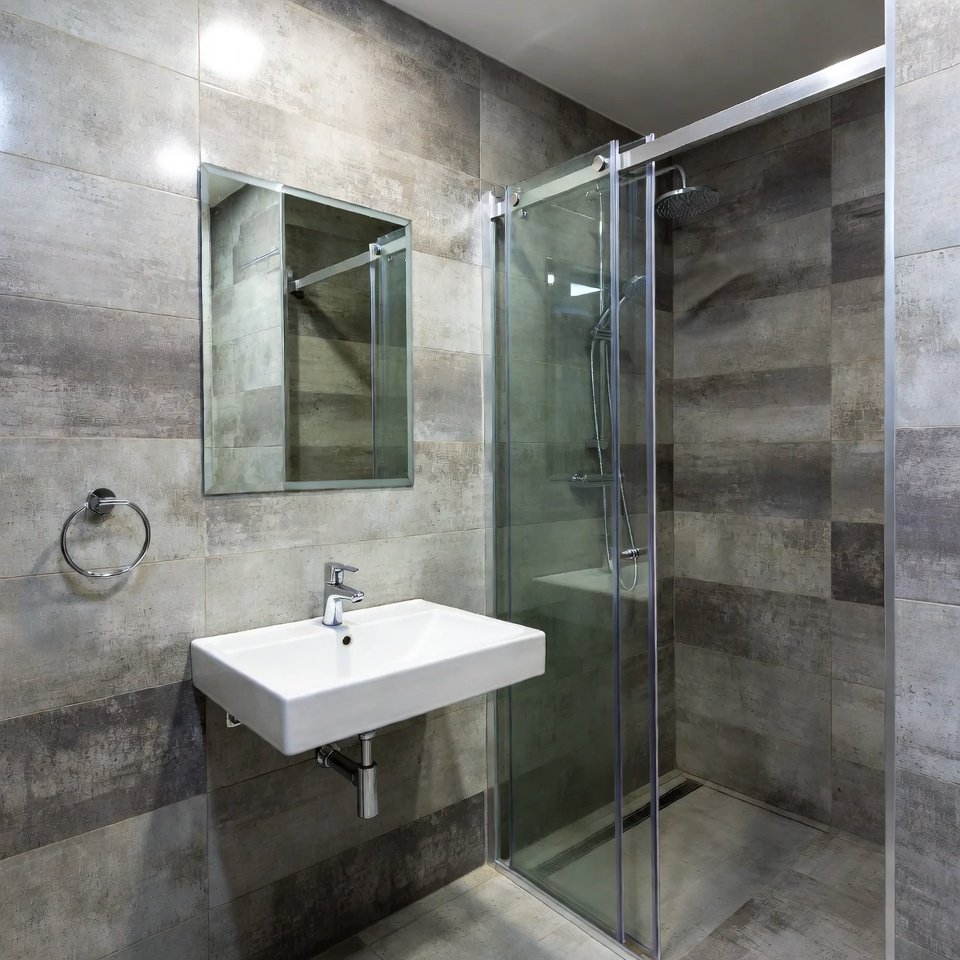 Bathroom with concrete-look tiles on the walls and floor creating a sleek industrial style.