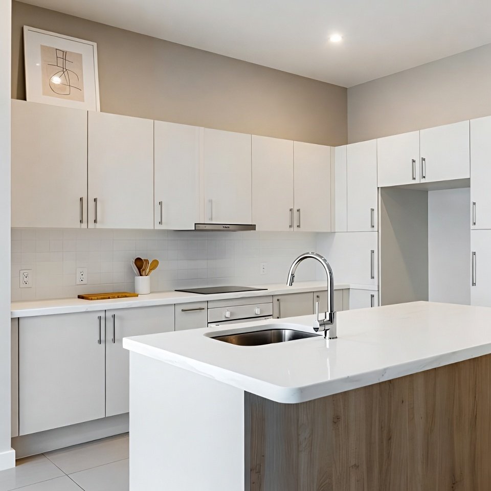 Modern kitchen with a quartz kitchen sink integrated into a smooth countertop and surrounded by minimalist cabinets.