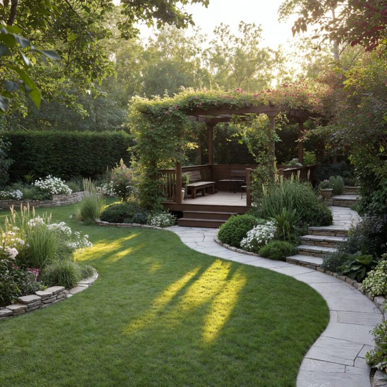 Modern backyard garden with green lawn, wooden deck seating area, and potted plants along the fence.