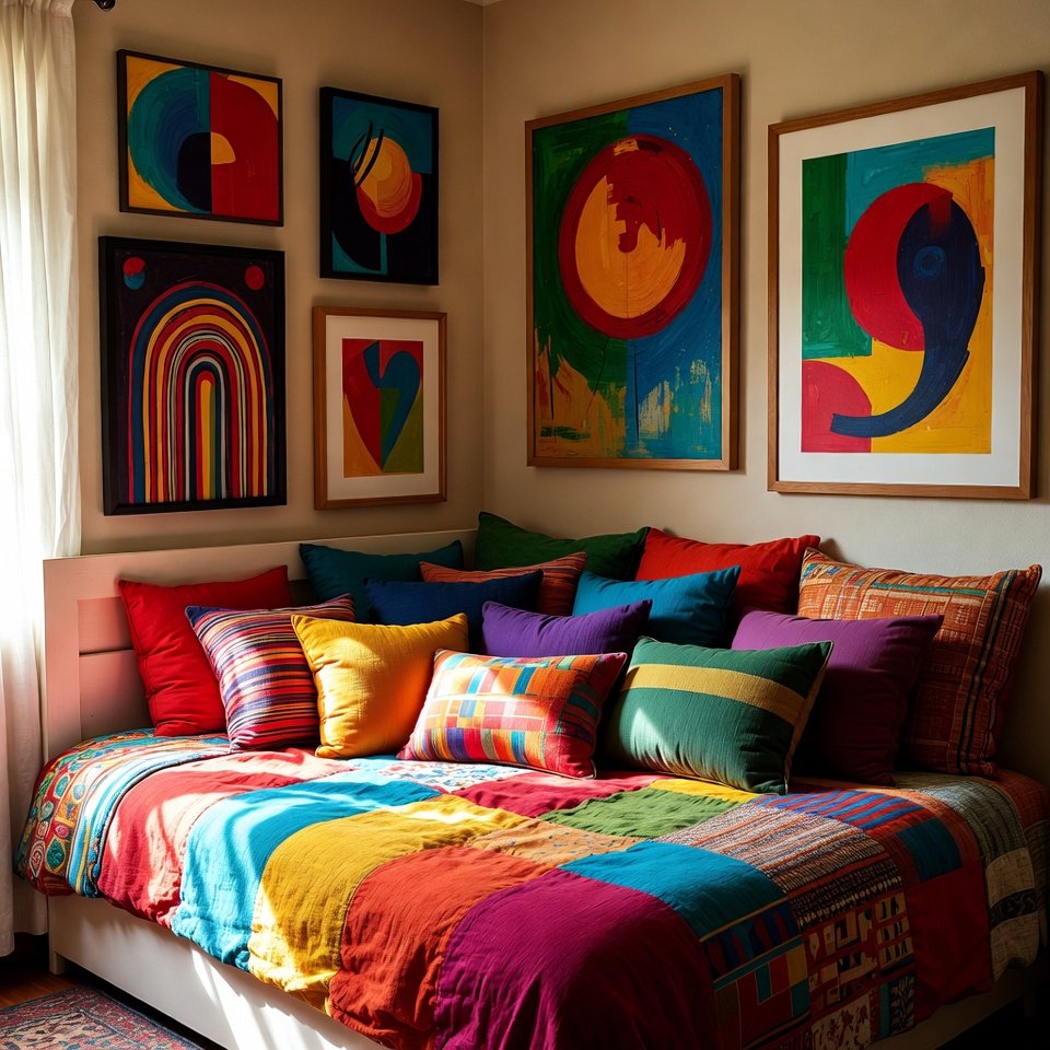 Cozy bedroom decorated with soft pastel tones, a comfortable bed, and wooden furniture for a warm and inviting look.