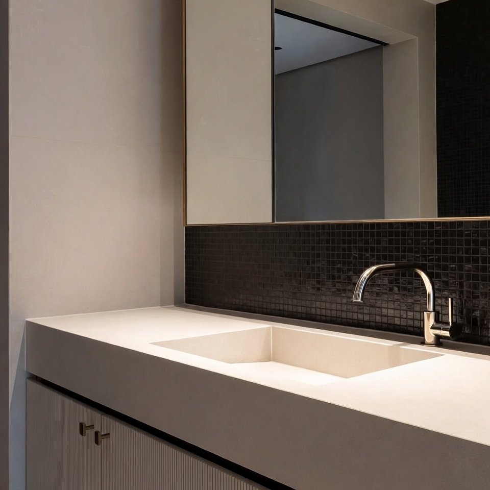Modern bathroom vanity with sink featuring drawers, open shelves, and organized storage for towels and toiletries