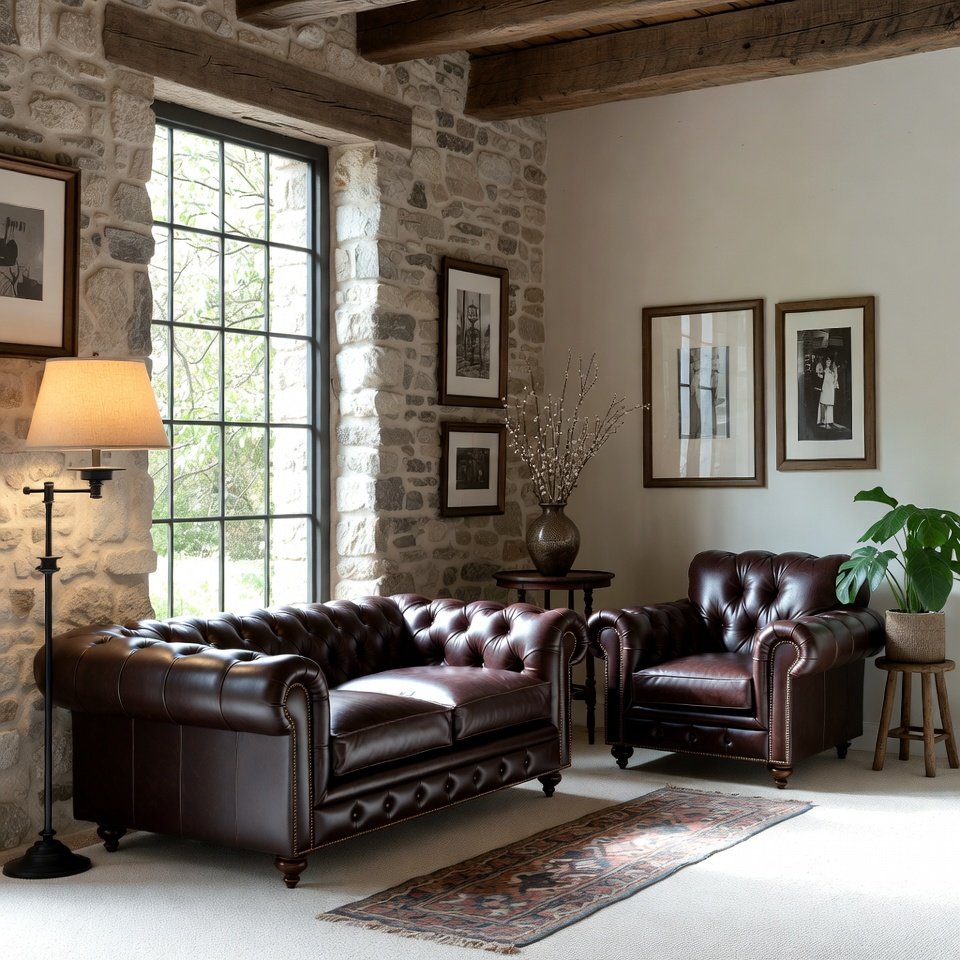 Living room with leather furniture, including a leather sofa and matching armchairs.
