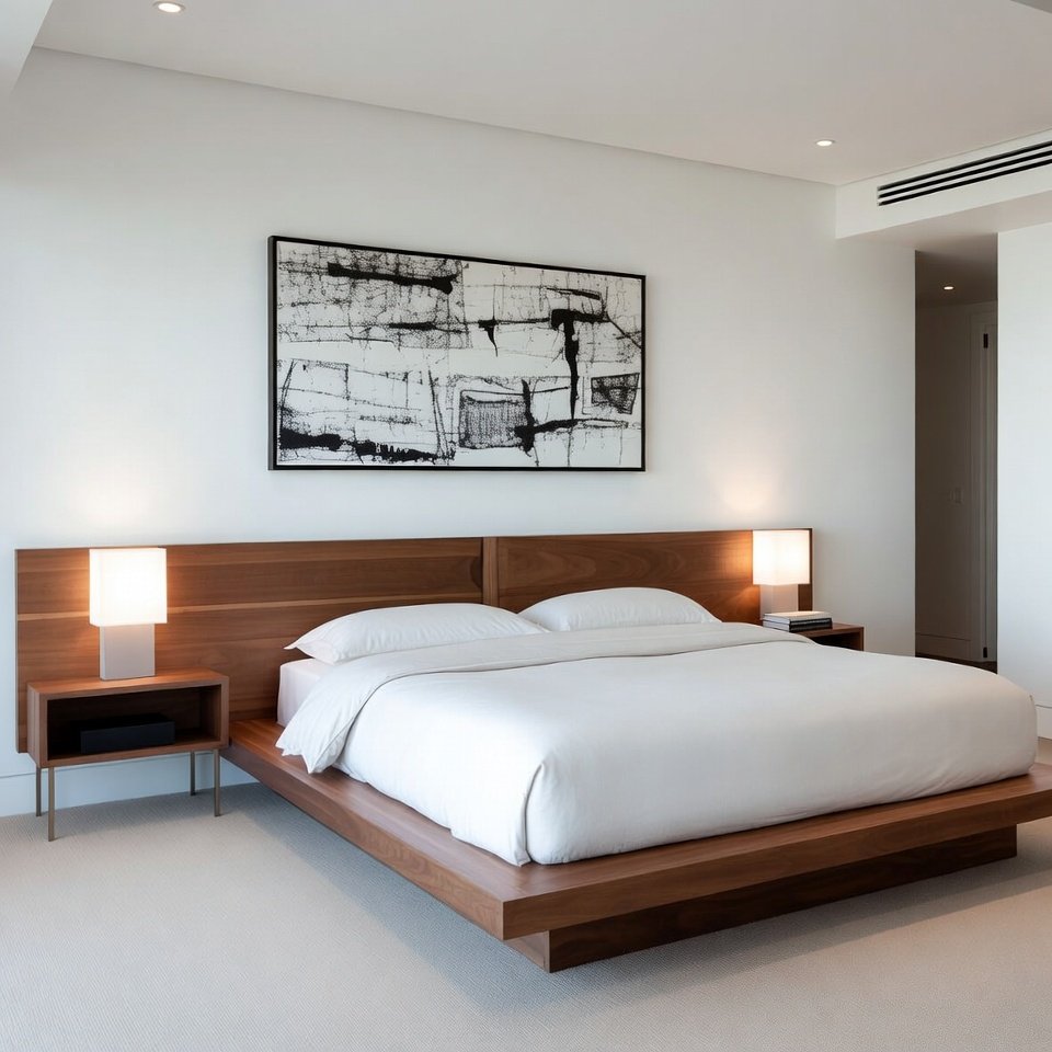 Bedroom with a platform bedroom set featuring a low platform bed, matching nightstands, and a clean modern layout.