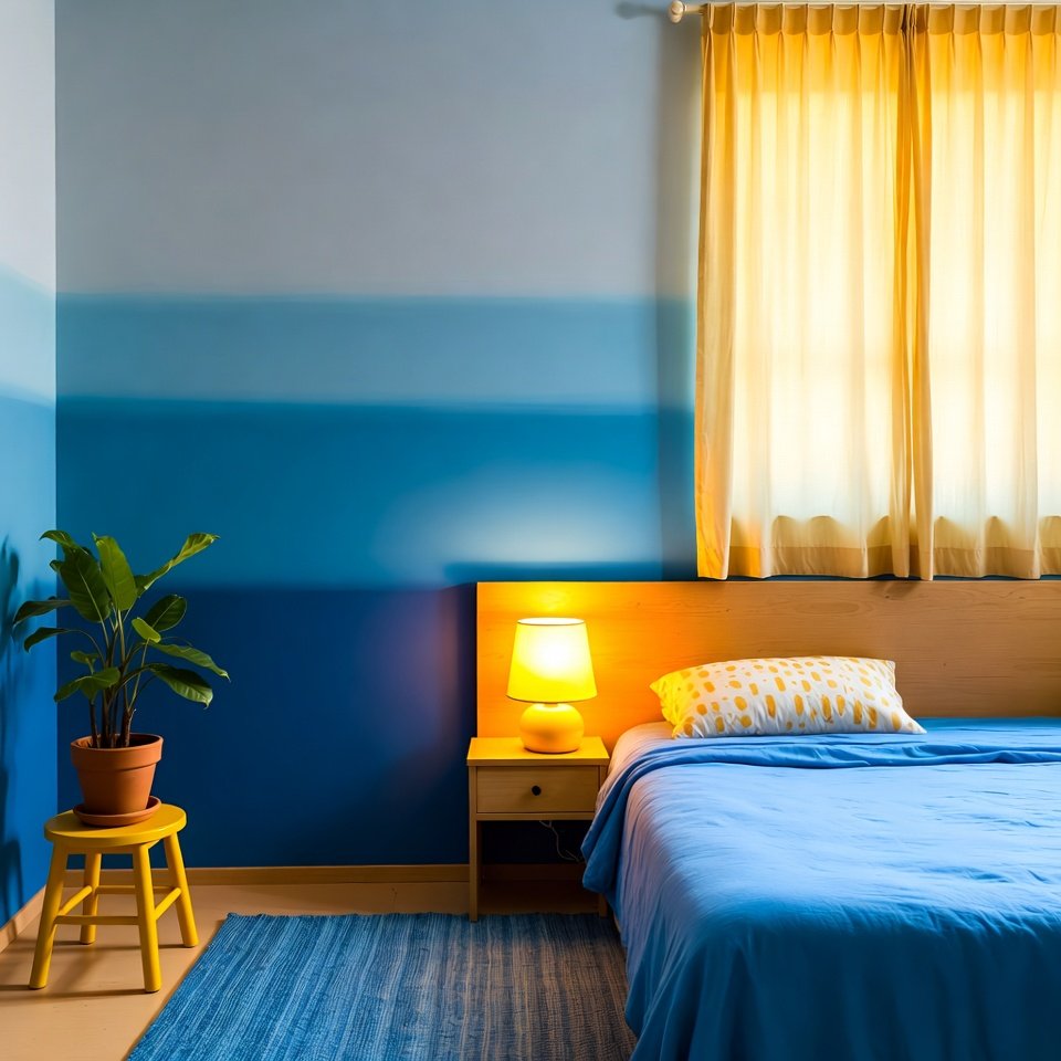 Bedroom decorating idea with blue and yellow tones, featuring soft bedding, accent pillows, and a bright, cheerful color palette.