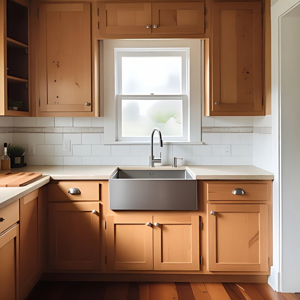 Modern kitchen featuring a drop-in sink installed on the countertop with visible rim edges, surrounded by clean cabinetry and a functional workspace.