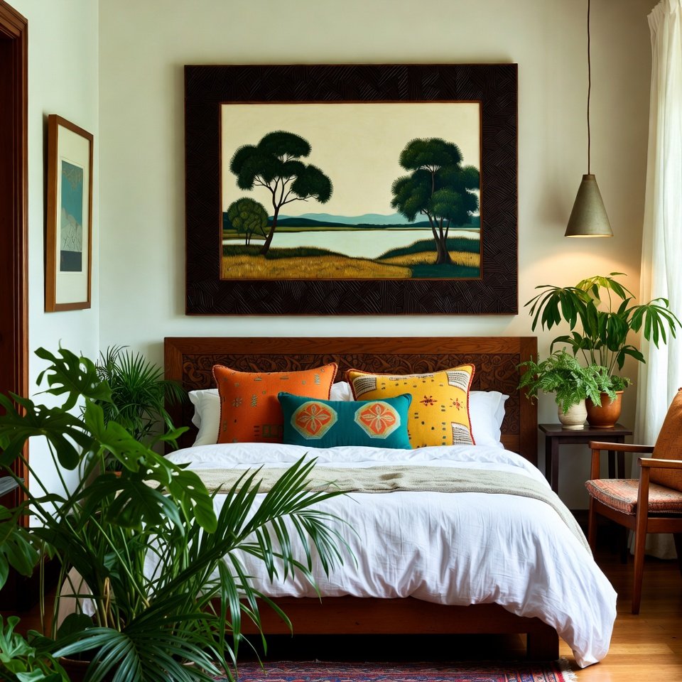 Bedroom with artwork, indoor plants, and decorative cushions adding texture and personality to the space