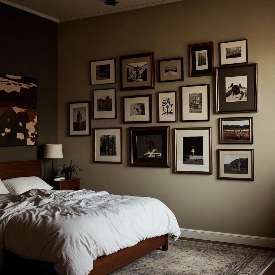 Bedroom decorating idea with a stylish gallery wall above the bed, featuring framed artwork and modern decor.