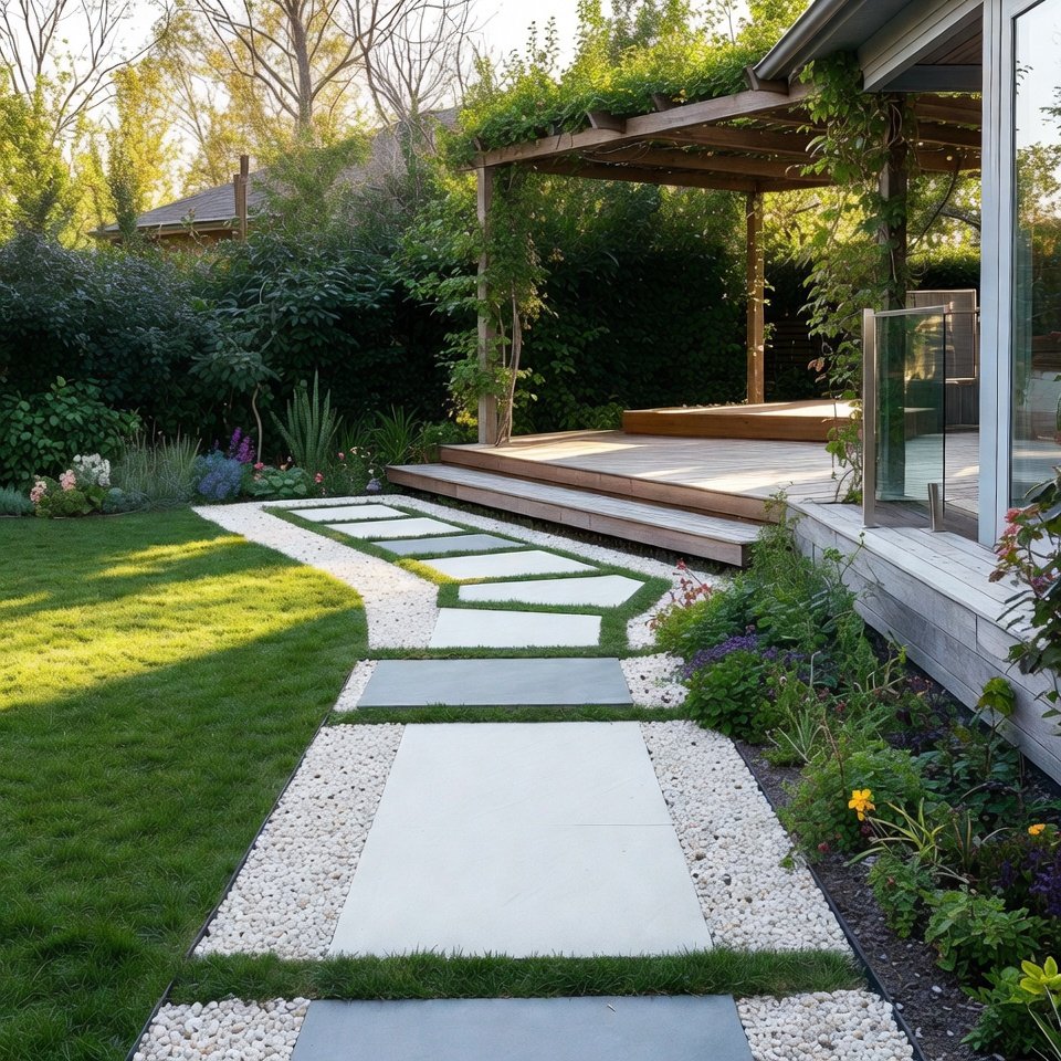 Backyard with a stone walkway leading through the garden toward a patio seating area.
