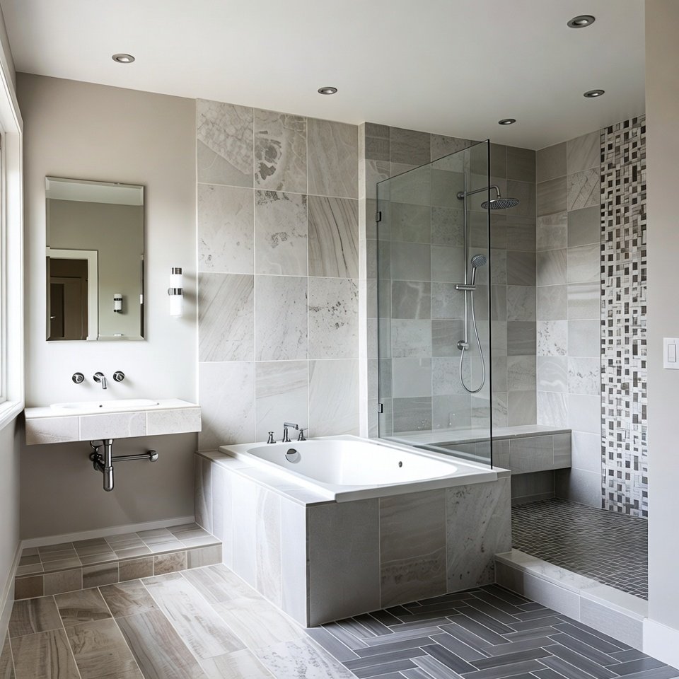 modern bathroom floor tile ideas with large format gray tiles and minimalist bathroom design