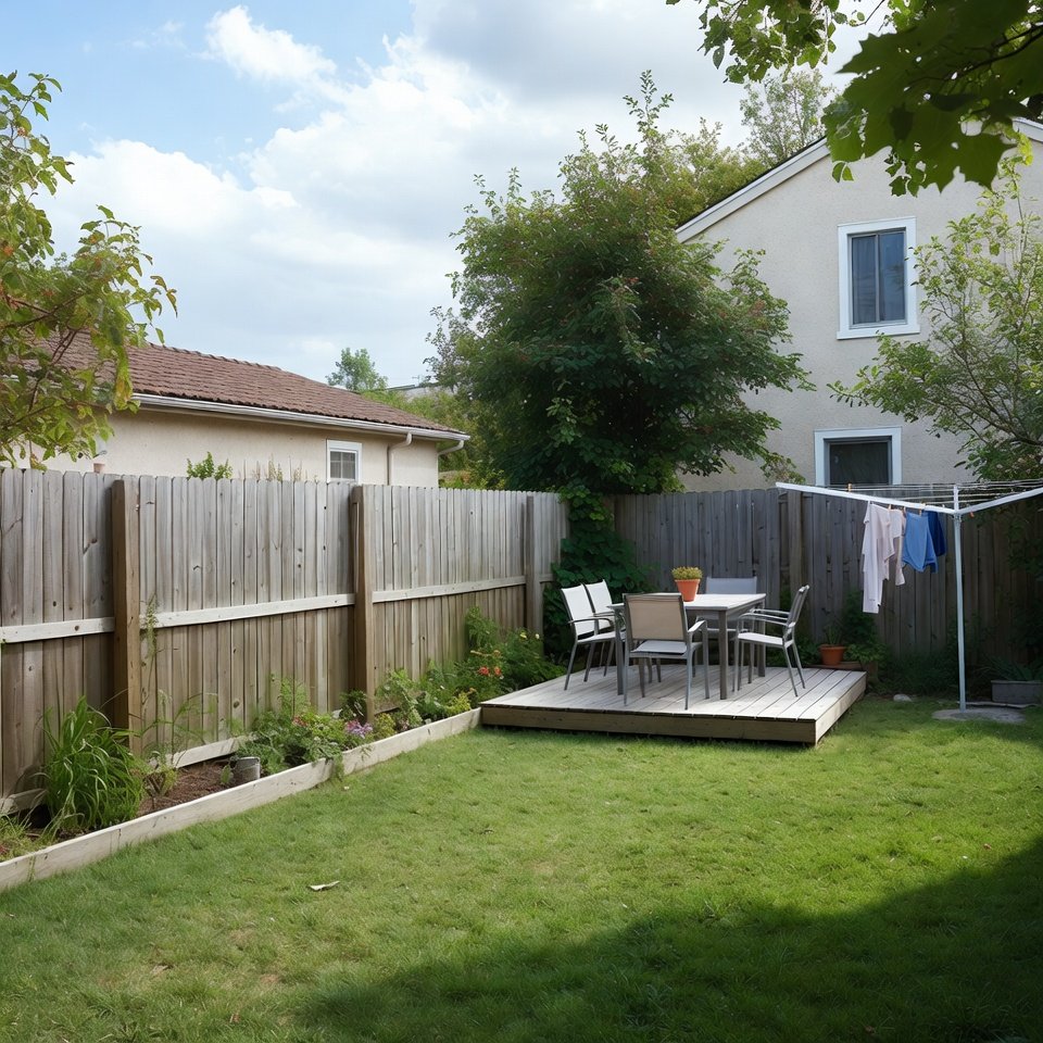 Backyard ideas with patio seating, garden plants, stone pathway, and outdoor lighting in a landscaped yard.
