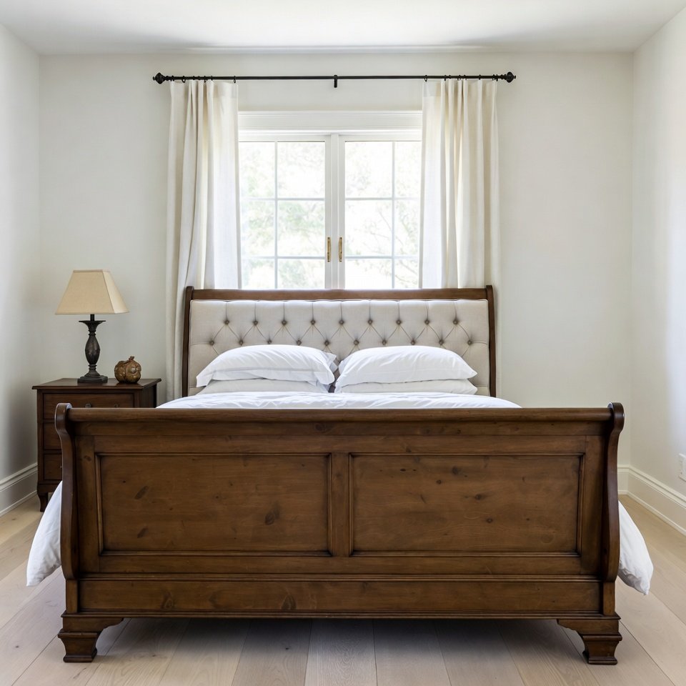 Bedroom with a sleigh bed set featuring a curved headboard and footboard with matching nightstands.