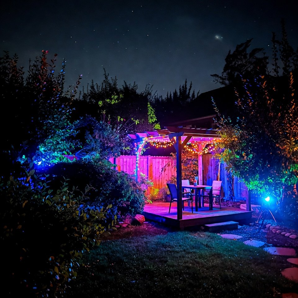 Cozy backyard with fire pit, surrounded by outdoor chairs and ambient string lights.