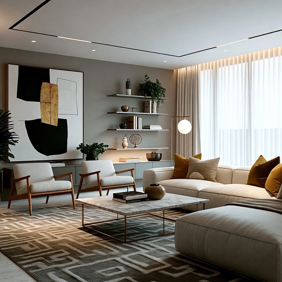 Cozy living room with comfortable sofa, soft cushions, and a plush armchair around a small coffee table.