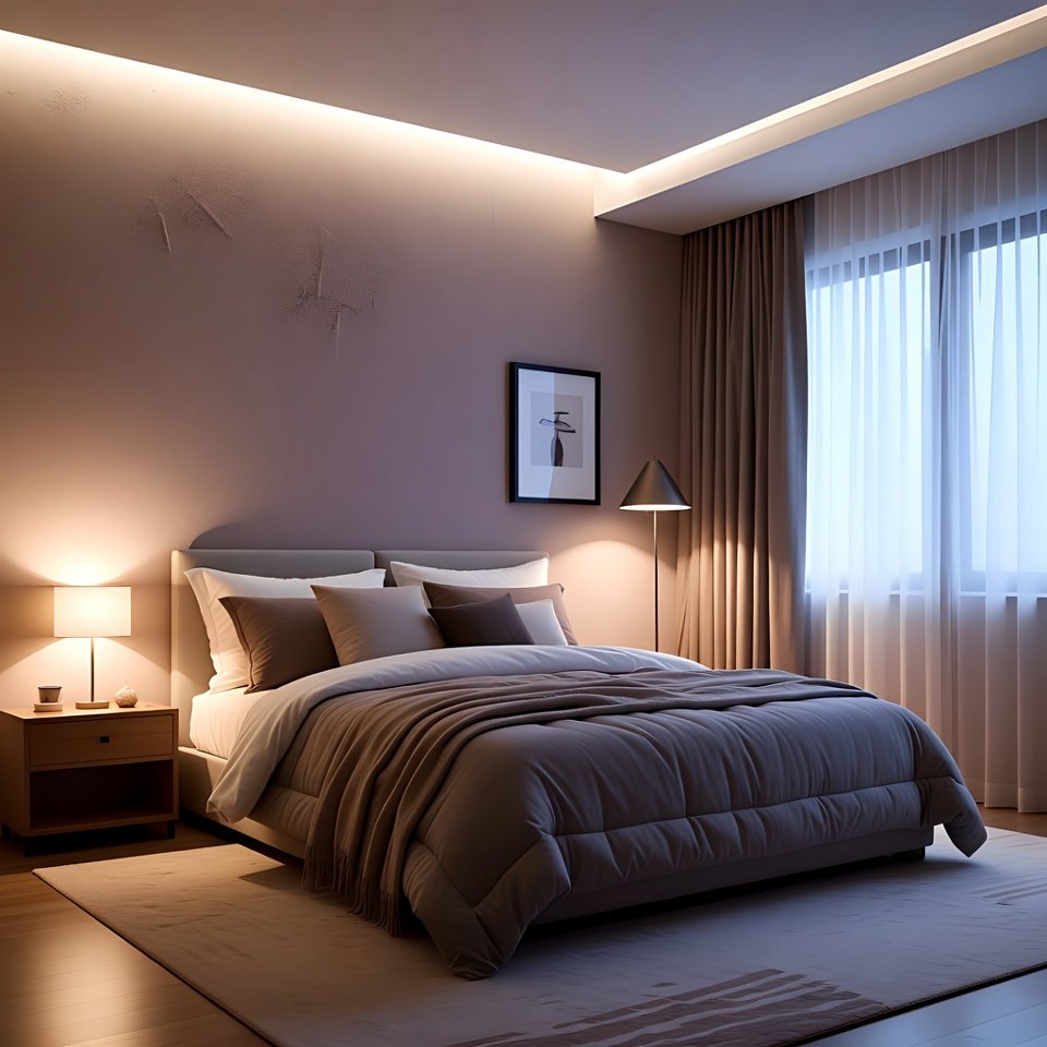 Bedroom with layered lighting featuring bedside lamps, ceiling lights, and warm ambient lighting around the bed.