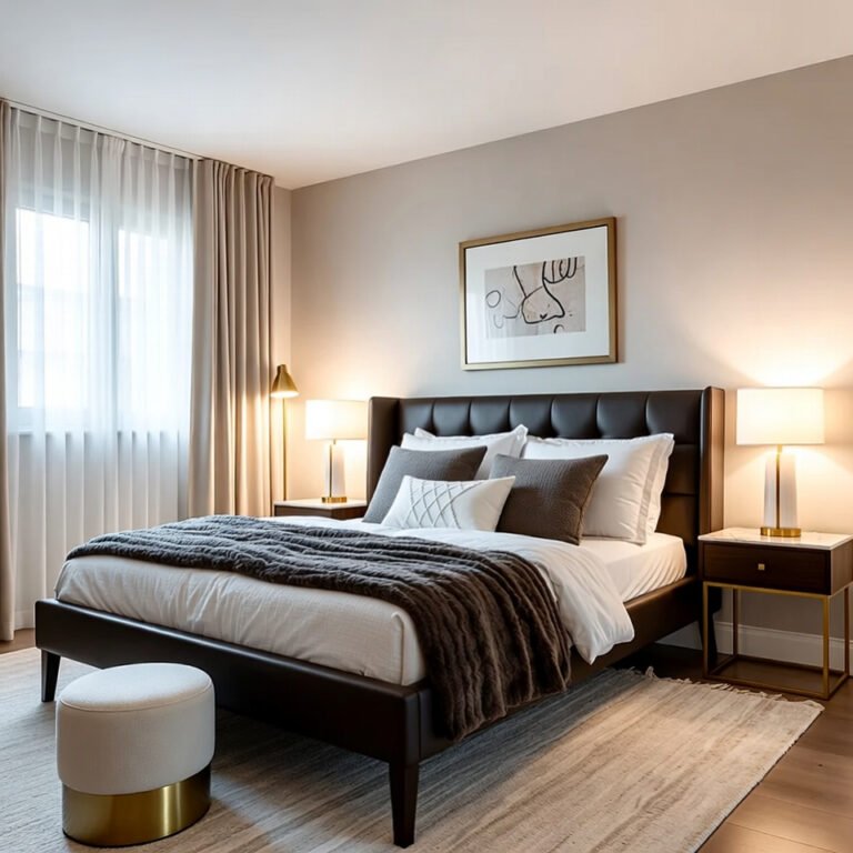 Modern bedroom with a trending bedroom set featuring a tufted upholstered bed, matching nightstands, and a sleek dresser in neutral tones.