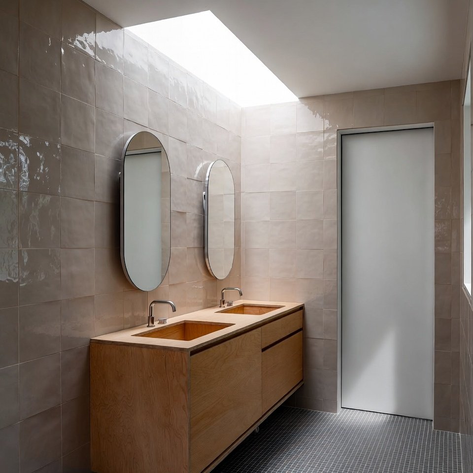 Modern bathroom with a plywood vanity, smooth finish, and minimalist design