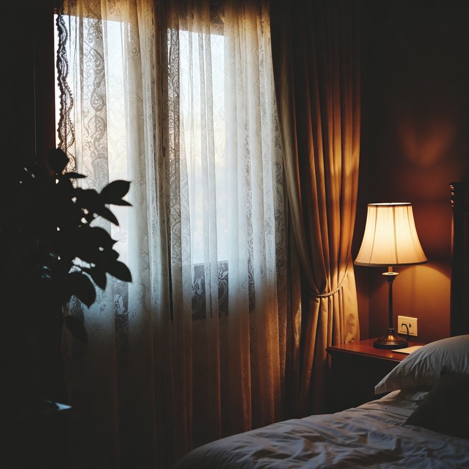 Bedroom with soft curtains framing the windows, adding privacy and a balanced look to the room.